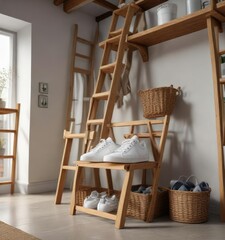 A pair of clean white sneakers next to a wooden ladder leading to a loft area with storage baskets, , loft space, minimalist decor