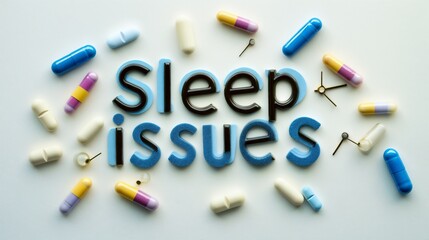 Sleep issues text with scattered pills arrangement. Ideal for sleep disorder awareness, treatment options, and therapeutic support materials