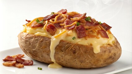 A perfectly cooked baked potato topped with a layer of crispy bacon and melted cheese, melty, cheese