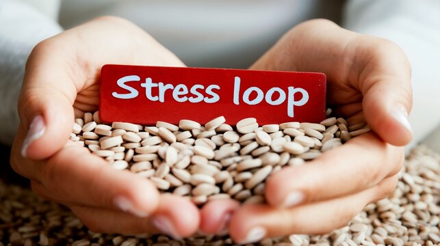 Hands holding red "Stress loop" sign with seeds. Perfect for stress management, personal growth, and mental health awareness programs