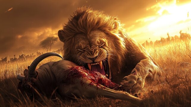 Majestic lion devouring prey at sunset in African savanna.