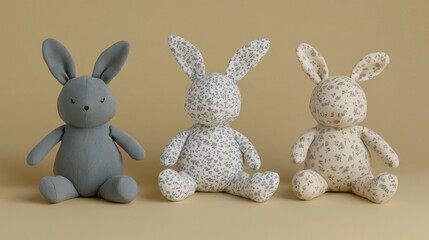 Three adorable plush bunny toys in grey, white, and beige patterns sitting on a beige background.