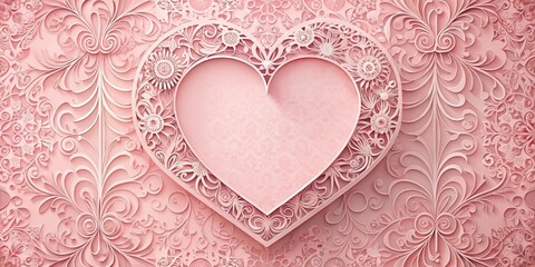 A delicate heart-shaped paper cutout on a pink background, surrounded by intricate patterns and subtle texture , feminine decor, valentines day decor