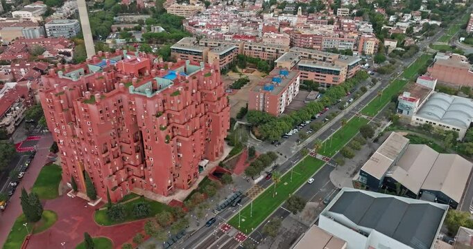 Aerial view of the architecture of Walden seven in Barcelona. apartments building tourist point of Spain. High quality 4k footage
