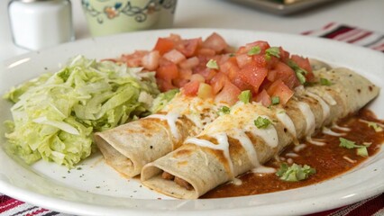 A plate of enchiladas with various toppings such as diced tomatoes and shredded lettuce, enchiladas,