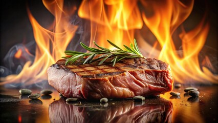 A succulent grilled steak, seasoned with rosemary, sits on a dark surface before a vibrant backdrop of flames.