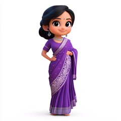 A female cartoon character wearing a purple saree with silver designs, on a white background
