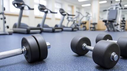 Fototapeta premium Dumbbells and weightlifting equipment in a gym.