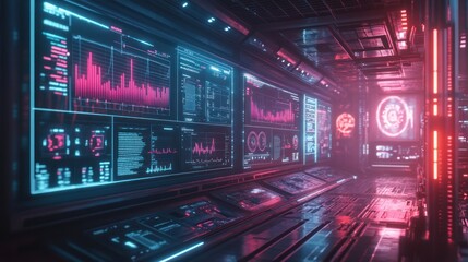 Futuristic control room displays data; red lighting