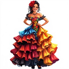 A happy cartoon woman in a colorful Spanish flamenco dress with multiple layers of ruffles, her hair adorned with a red rose, smiling against a white background
