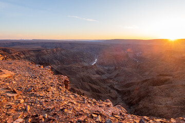 Landscape shot of the sunset over the Fish River Canyon in Southern Namibia.
