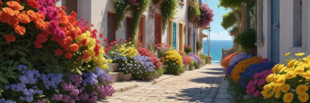 a quiet seaside alleyway lined with colorful flower beds, flower beds, natural, seaside