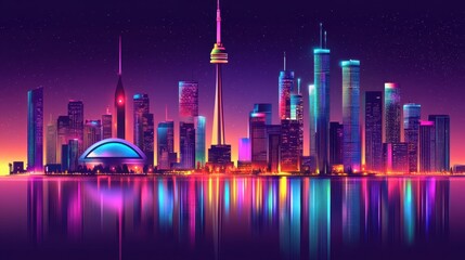 Neon Cityscape Reflecting in Still Water at Night