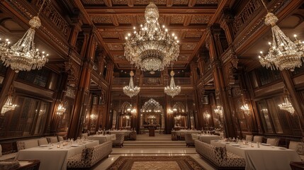 Fototapeta premium Opulent dining hall with ornate wood, chandeliers, and elegant tables.