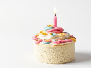 A small round cake topped with one tiny pink candle and decorated with colorful swirly icing, single candle, cupcake,