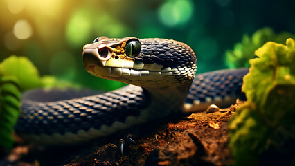 Fototapeta premium Close-Up View of an Asp in Its Natural Habitat, Highlighting the Intricate Details of Its Scales and Surrounding Environment, Capturing the Essence of This Fascinating Snake Species