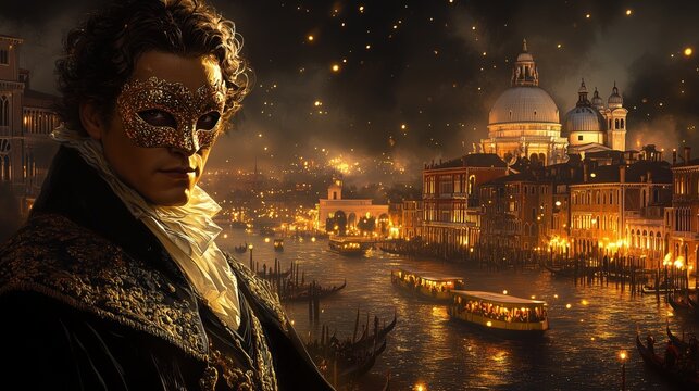 Venetian carnival night with casanova celebrating grand canal and fireworks