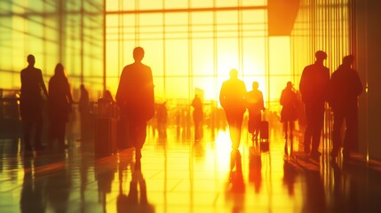 Sunset silhouettes, airport terminal, travelers hurrying, urban background, travel