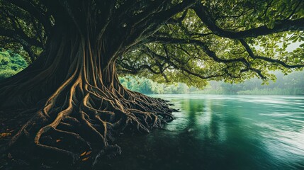 Majestic banyan tree with exposed roots by tranquil river.