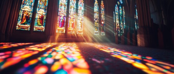 Stained glass casts kaleidoscopic colors on the cathedral floor, soaking the space in sacred, radiant beauty.