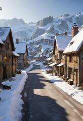 Fototapeta premium A snow-covered village scene with houses and shops in the background, cold weather scenes, peaceful town, quiet village