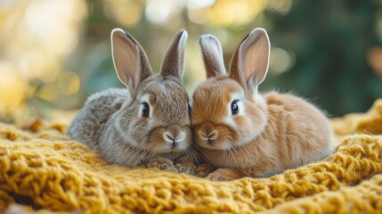 Obraz premium Two bunnies cuddle on autumn blanket, outdoors
