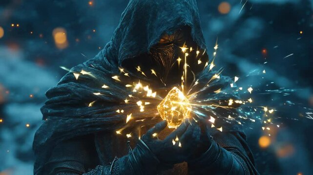 A mysterious hooded figure holding a glowing stone in a dark, magical atmosphere