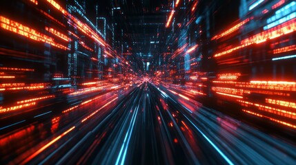 Digital data stream tunnel, futuristic city background, fast travel, technology concept