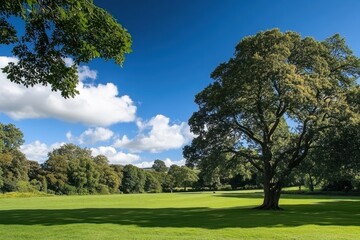 Sunny park, large tree, green grass, blue sky, clouds, peaceful landscape, nature