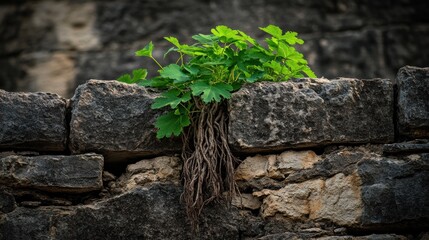 Fototapeta premium Lush green plant sprouting from weathered stone wall.