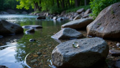 Fototapeta premium Water Droplet on Stone by Calm River with Lush Green Bank in Soft Evening Light for Concept World Water Day 