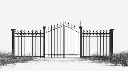 Black metal gate with pillars, isolated on white.