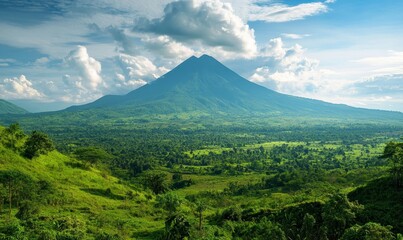 Fototapeta premium Majestic Mountain Range Above Scenic Valley with Rolling Clouds and Lush Greenery: Breathtaking Nature Landscape Ideal for Wilderness Adventures and Spiritual Retreats, Generative AI