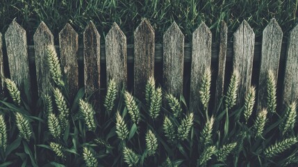Weathered wooden fence with green wheat growing in front.