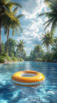 Bright Sunny Day at a Tranquil Pool Surrounded by Lush Palm Trees and Fluffy Clouds Creating a Serene Tropical Atmosphere