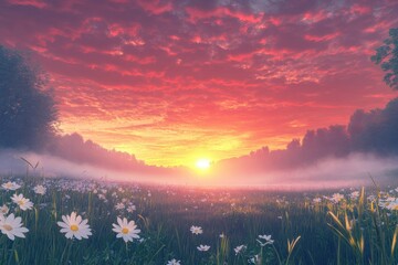 Dawn's fiery sunrise over misty daisy field