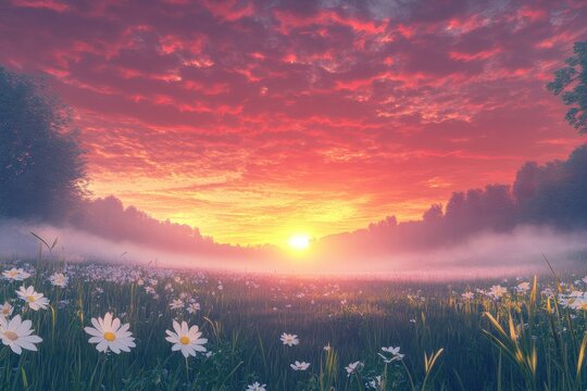 Dawn's fiery sunrise over misty daisy field - Powered by Adobe