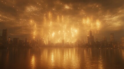 Naklejka premium Fiery apocalyptic cityscape reflection, night