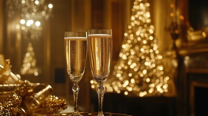 Festive champagne flutes, Christmas tree, luxury manor
