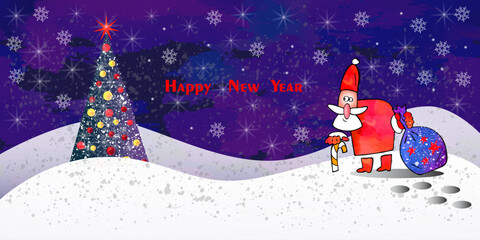 Christmas greeting card with cartoon Santa Claus, Christmas tree and inscription Happy holidays. Vector illustration.