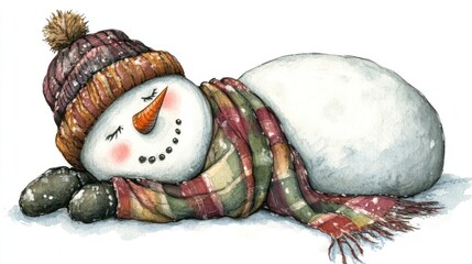 A Sleepy Snowman's Winter Nap: Watercolor Illustration