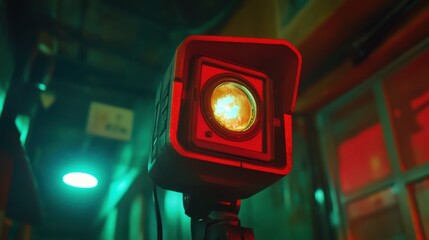Bright red spotlight illuminating a dim alleyway with colorful lights and shadows