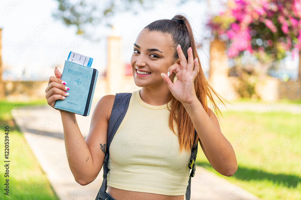 Wall mural Young pretty woman holding a passport at outdoors showing ok sign with fingers