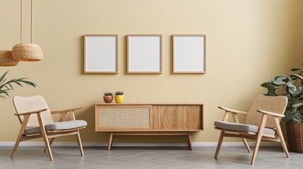 Mid-century modern living room interior with wooden furniture, rattan chairs, and three blank frames on a mustard yellow wall.