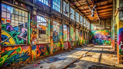 Naklejka premium Abandoned Building Graffiti Art Urban Decay - Colorful Street Art Photo