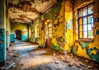 Fototapeta premium Abandoned Building Interior, Grunge Texture, Urban Exploration, Pale Yellow Paper Background, Decaying Structure