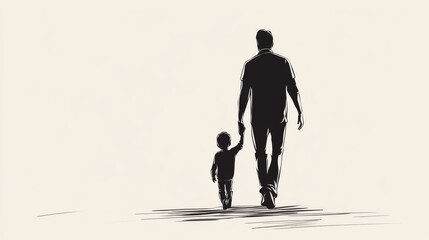 Fototapeta premium Father and son walking hand-in-hand, viewed from behind.