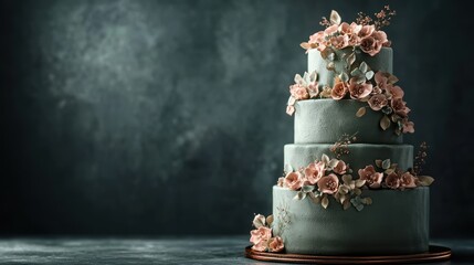 Elegant four-tier wedding cake, floral detail, dark studio backdrop, dessert advertising