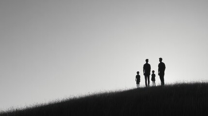 Family silhouette sunset hilltop, peaceful landscape