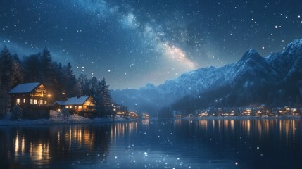 Fototapeta premium Snowy mountain lake cabins, Milky Way, night